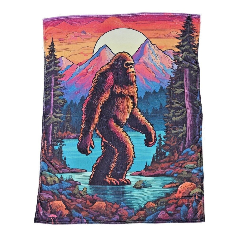 Bigfoot OVERSIZE Throw Blanket Soft Plush Sasquatch Lake Cabin Camping Cryptid